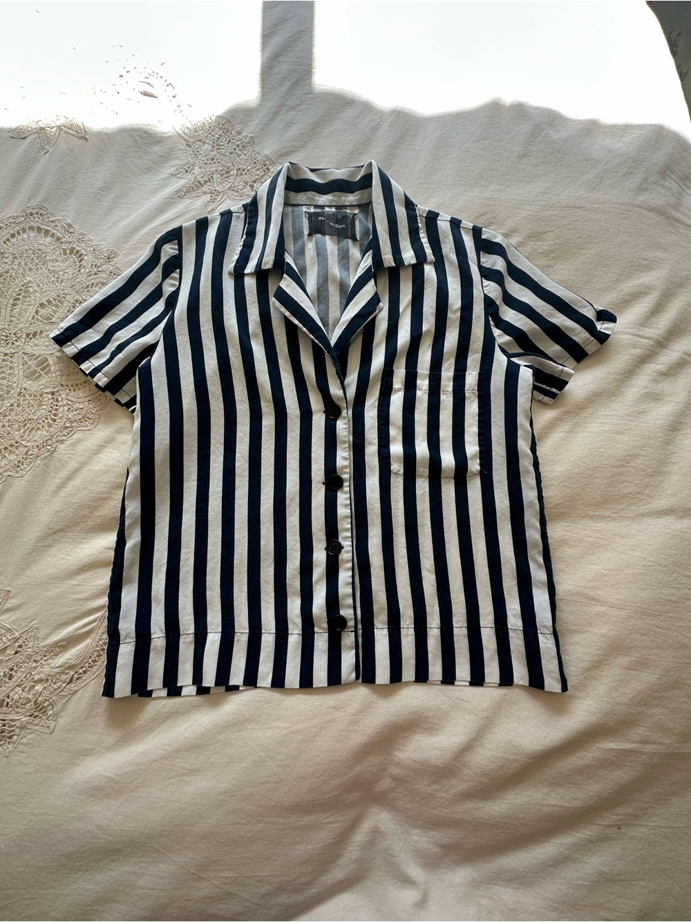 Reformation Navy & White Button Down T-shirt, XS (oversized)